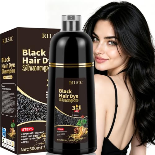 GFEUGS Black Hair Dye Shampoo, 500ML Hair Colour Shampoo 3 in 1 for Grey Hair Coverage - Instant Hair Color Shampoo for Women Men - Natural Black- Long Lasting - Hair Dye Coloring in Minutes