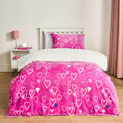 OHS Kids Double Duvet Set, Ultra Soft Warm Cosy Heart Printed Glow In The Dark Quilt Duvet Covers Sets Double Luxury Comfy Girls Kids Bedding with Pillowcases, Pink