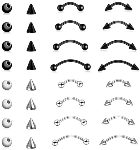 HekouJiub 16 Stück Augenbrauen Piercing 16G Augenbrauenpiercing Edelstahl Augenbrauenringe Gebogen Vertikal Labret Piercing Lippe Ohr Piercings Ringe für Damen Herren (Silber, Schwarz)