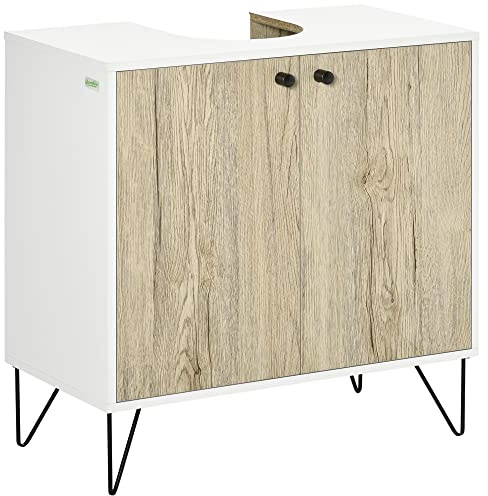 kleankin Meuble sous lavabo, Meuble de Salle de Bain avec 2 Portes et étagères, Pieds en Acier, Armoire de Salle de Bains sous lavabo, Style Moderne, 60 x 30 x 60 cm, Blanc et Bois Naturel