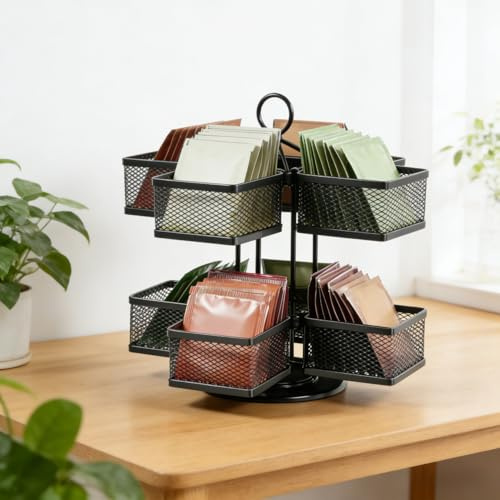 ASOUUNLD Caja para Té con 8 Compartimentos, Giratorio 360˚ para Bolsas de Té Organizador de Bolsas de Té Soporte de Almacenamiento para Bolsas de Té, para Infusiones Café Azúcar (2 Niveles)