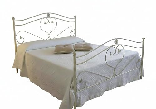AESSEGI Letto Matrimoniale 160x190 Ferro Battuto Avorio sfumato oro Artigianale Made in Italy. Modello Cuore, Struttura Metallo, Spedizione inclusa.