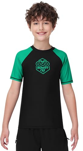 Runhit Boys BJJ Rash Guard Short Sleeve Kids Jiu Jitsu No Gi Youth Compression Shirts for Training MMA Wrestling Boxing UPF50 Green S