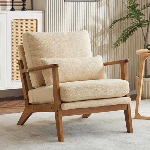 Bonnlo Accent Chair, Soild Wood Padding Lounge Armchairs, Occasional Reading Chair with Cushions and Lumbar Pillow, Armchairs for Living Room, Bedroom, Guest Room (Khaki)