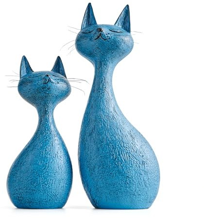 FJSPERM Abstrakte Katzen Skulptur Set aus 2 – Moderne Blaue Katzen Figuren aus Kunstharz, Stilvolle Deko für Wohnzimmer, Regal, Sideboard, Geschenkidee für Katzenliebhaber