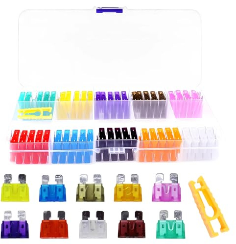 Juego de 100 fusibles para coche, estándar de 12 V/24 V, fusibles enchufables en 10 valores, 3 A – 40 A, con extractor de fusibles, multicolor para coche, camión, motocicleta