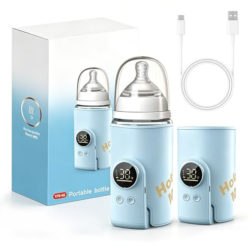 Calentador de Biberones Portátil para Leche, 8000mAh Calientabiberones Portátil con Pantalla LCD Calentador de Botellas con 6 Temperaturas Ajustables Calentador Biberones para Hogar,Viajes (Azul)