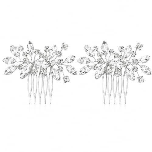 2 PCS Pearl Bridal Hair Comb, Pearl Hair Accessories, Silver Floral Side Hair Clip with Crystal Pieces for Wedding, Prom, Party Accessory for Women, Bridesmaid Gift