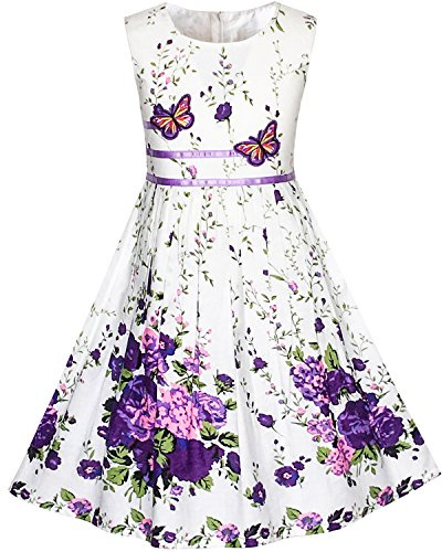 Girls Dress Purple Rose Flower Double Bow Tie Party Kids Sundress Age 4-12 Years