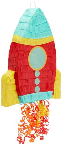 BLUE PANDA Rocket Ship Pull String Pinata for Space Birthday Decorations, Party Supplies & Outer Space Party Decor - 16.5 x 12.5 x 3 In, Red