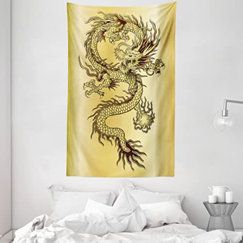 ABAKUHAUS Drachen Wandteppich und Tagesdecke, Ostchinesischen Myth aus Weiches Mikrofaser Stoff Waschbar ohne Verblassen Digitaldruck, 140 x 230 cm, Senf und Schwarz