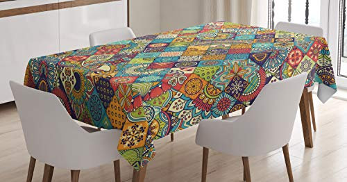 ABAKUHAUS Bohemien Tischdecke, Checkered Folk, Wasserfest Waschbar mit Klar Sichtbaren Farben kein Verblassen Personalisiert, 140 x 170 cm, Teal Rot Orange