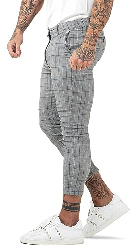 GINGTTO Mens Chinos Skinny Stretch Plaid Smart Trousers Tapered Leg | Super Stretch,Flexible Cropped,Plaid Pattern,Smart,Casual,Classic,Work,Modern