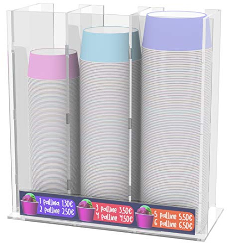 Danieli Store - Expositor para Copas Helado con 3 Columnas en Acrílico Transparente - Soporte en Acrílico para Heladerias con Marcador de Precios PTCX51