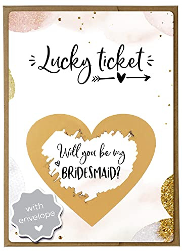 Joli Coon Will You Be My Bridesmaid Scratch Card, Golden Glamour | 350gsm designer paper, tactile UV finish, natural envelope with gold heart, scratch panel