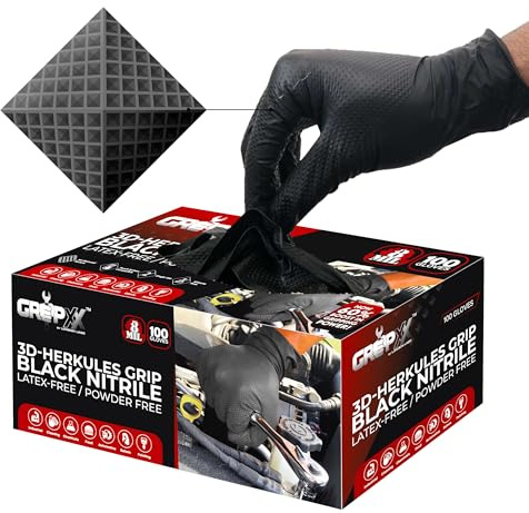 GRIPXX Herkules Grip Heavy Duty 8Mil Black Nitrile Gloves,3D Raised Diamond Texture-Latex & Powder-Free-Industrial, Mechanic (100, Large)