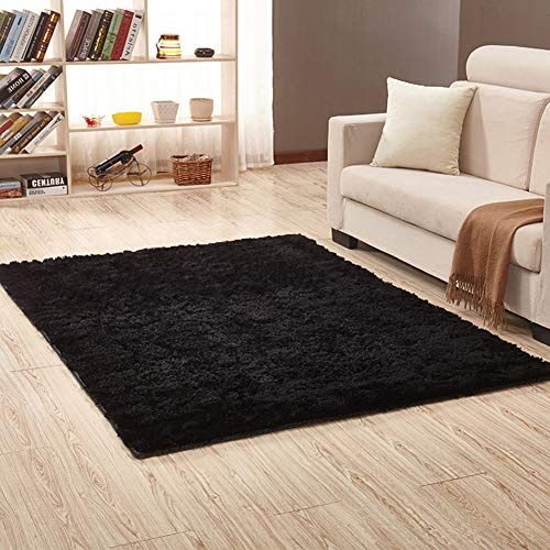 Jyswx Shaggy Hochflor Teppich - Flauschig, rutschfest, Waschbar - Grand Moderner Teppich für Wohnzimmer/Schlafzimmer, Kunstfell Imitat, Farbe: Schwarz, Größen: 60 x 120cm