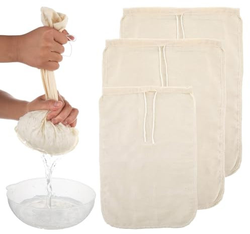 3 Pack Reusable Cotton Nut Milk Bags - Fine Mesh Cheesecloth for Cold Brew, Yogurt, Cheese Making, Juice Straining & Coffee Filtering - Eco-Friendly Food Strainer Bags (12 x 12)