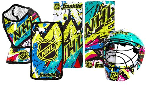 Franklin Sports NHL Youth Knee Hockey Goalie Pads + Helmet Set - Kids Knee + Mini Hockey Goalie Gear + Equipment - (2) Leg Pads, Catch Glove, Blocker + Mask Included - Graffiti