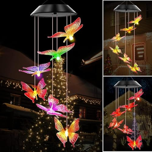 ZVO Mariposa solar carillón de viento para jardín, mariposas solares para colgar en el exterior, decoración de balcón, lámpara colgante para mamá, abuela, niño, luz cálida