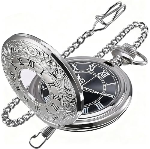 Tiong Silver Vintage Roman Pocket Watch with Chain, Black Roman Numeral Dial Men's Quartz Pocket Watch, Classic Quartz Pocket Watches with Chain
