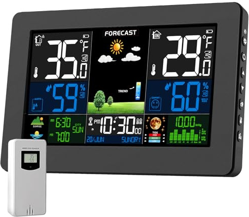 Weather Station Wireless Indoor Outdoor, Digital Thermometer with Remote Sensor, Large Display Home Weather Stations with Weather Forecast, Atomic Clock, Barometric Pressure, Moon Phase
