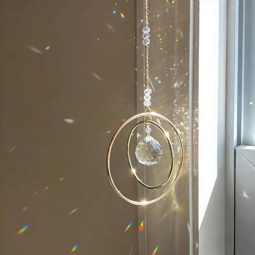Attrape-Soleil en Cristal pour Fenêtres – Attrape-Soleil Arc-en-Ciel avec Prismes en Verre – Décoration Murale Suspendue pour des Jeux de Lumière Envoûtants avec 2 Cercles en Laiton