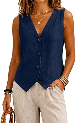 Chaleco de Algodón y Lino para Mujer, Sin Mangas, Cuello en V | Botones Frontales Chaquetas Casual Elegante Ropa Mujer Camisetas Basicas, Ideal Para Oficina y Verano, Sólido y Ajustado