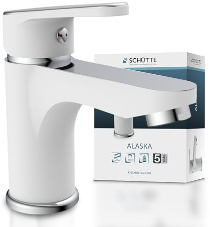 SCHÜTTE 34710 ALASKA Badarmatur mit Ablaufgarnitur, Waschtischarmatur, Einhebelmischer Mischbatterie Badezimmer, Wasserhahn Bad, Waschbecken Armatur Mischbatterie für Badezimmer, Chrom Weiß