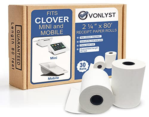 Vonlyst Thermal Receipt Paper Rolls for Clover Mini & Clover Mobile – 2 1/4” x 80’ BPA Free Credit Card Machine Paper Compatible with C200 C300 C301 C302 C302U C305 – POS Printer Paper, 30 Rolls