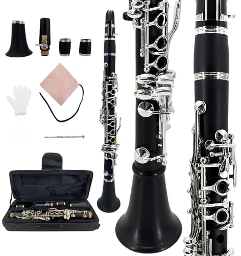 Yinfente Clarinete profesional Ebonite E Key para estudiantes principiantes con 2 barriles, kit de limpieza de estuche duro, guantes de grasa de corcho