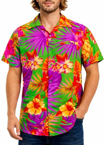 King Kameha Funky Hawaii-skjorta för män, kortärmad, frontficka, Hawaii-tryck, ananas, palmer och blommor, Grön, XXL