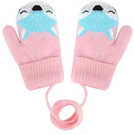 Bébé Bambin Moufles Hiver Chaud Gants Tricoté Epais Magique Mitaines Tricot Renard Mignon avec Doublure Fourrure Gloves Extérieur Ski Snowboard Moufles à Accrocher au Cou pour Garçons Filles 1-3 Ans
