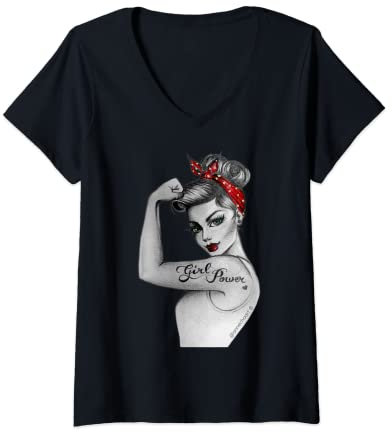 Damen Pin Up feministisches Retro Girl Power modern Rosie the Riveter T-Shirt mit V-Ausschnitt