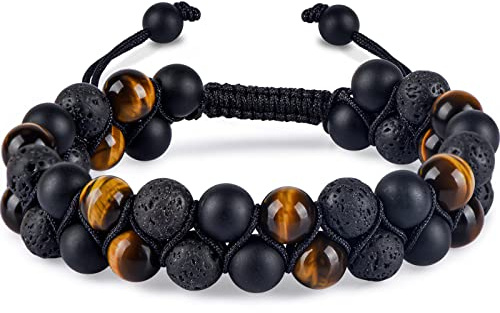 Triple Protection Bracelet for Men Women, Genuine Premium Tiger Eye Black Onyx and Lava Rock 8mm Handmade Bead Bracelet Healing Crystal Protection Bracelets Bring Luck and Prosperity and Happiness