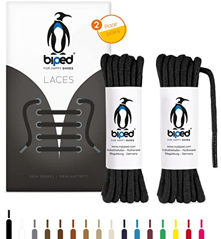biped LACES 2 paia di lacci tondi in cotone ø 3,5 mm - lacci antistrappo di qualità per scarpe in pelle, stivali, scarpe da ginnastica e scarpe sportive - made in EU z2901(nero,160 cm)