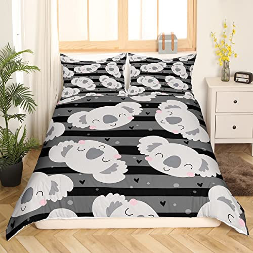 Koala Bettwäsche Set für Kinder - Nette Tier 135 x 200 für Jungen Mädchen - Karikatur Liebe Drucken Bettbezug Schwarz Grau Gestreift - Ultra Weich Mikrofaser 2 Stück