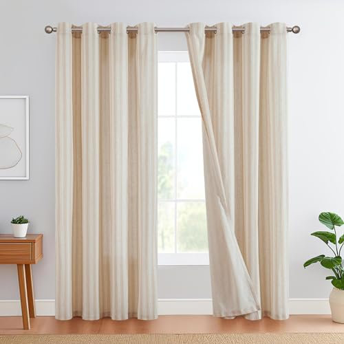 TOPICK Leinen Gestreifte Vorhänge Braun Streifen Gardinen mit Ösen Ticking Streifen Muster Leinenoptik Vorhänge Lichtfilterung für Wohnzimmer Nadelstreifen Gardine Blickdicht 2 Stück 130x225cm