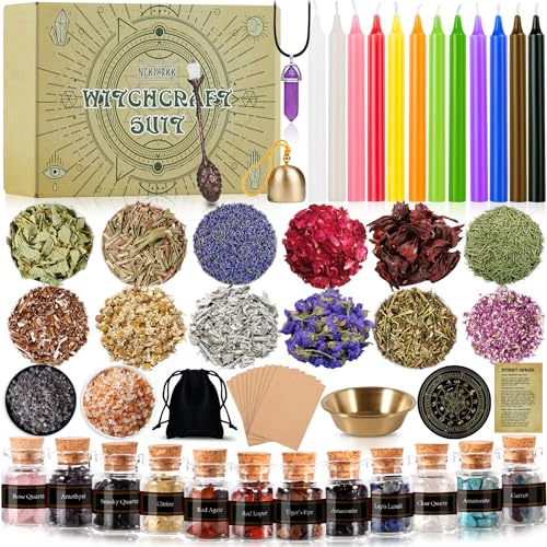 NCKIHRKK Kit di Stregoneria Grimorio, Kit Wicca Esoterismo Streghe Oggetti con Candele Fiori Secchi, Tavola Ouija, Pietra di Cristallo per Meditazione Preghiera Magia, Set Regalo Donna per Halloween