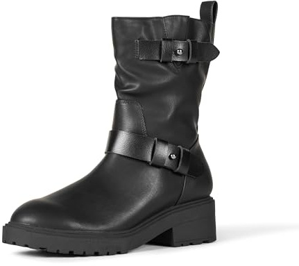 Amazon Essentials Women's Mid Calf Cropped Biker Boots, Black, 5.5