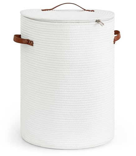 CHICVITA Cesto portabiancheria alto con coperchio, cesto portabiancheria bianco per asilo nido, cesto portaoggetti in corda di cotone per vestiti, coperte, giocattoli, portabiancheria, 38,1 x 50,8 cm