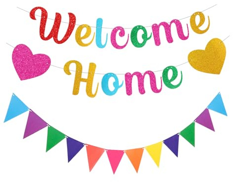1 striscione Welcome Home, 1 gagliardetto colorato, decorazione da appendere, bandiera glitterata, ghirlanda decorativa Welcome Home, decorazione per la casa, inaugurazione della casa, decorazione