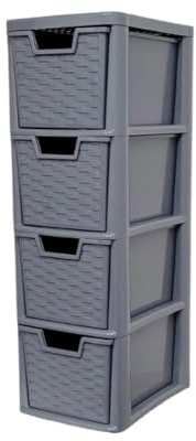 KYY'Z Rattan Effect Drawer Plastic Storage Organizer- Multipurpose Storage Drawer Unit Home Kitchen Office School Garage Bedroom Bathroom Stationery Toys 25Dx19Wx 62Hcm (Grey, 4 Tier)