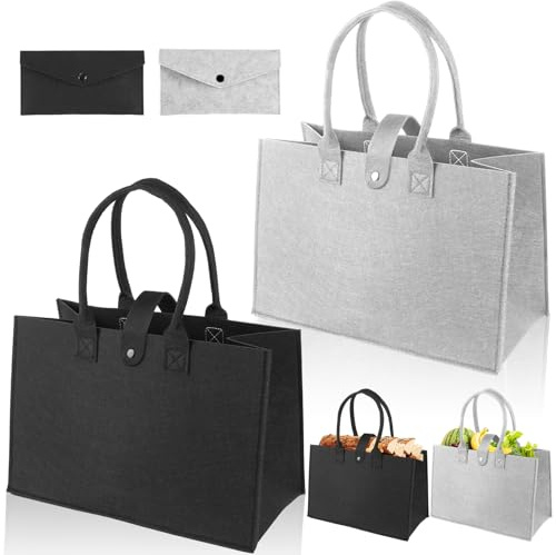 4 Piezas Bolsas de Fieltro Shopper, 2 Grandes Cesta de La Compra de Fieltro Plegable 39 x 26 x 20cm con 2 Pequeñas Bolsas de Fieltro, Cesta para Leña de Chimenea, Los Juguetes, Ir de Compras, Salir