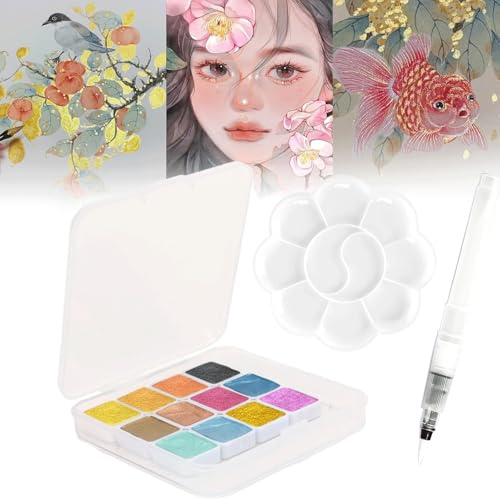 Cheerix 12 Farben Metallic Aquarellfarben Set, Metallic Wasserfarben Mit Wasserpinsel und Farbkasten, Mini Aquarell Set, 12 Farben Wasserfarbkasten für Reisen, Aquarell für Künstler und Hobbymaler