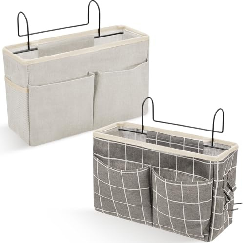 2 Pcs Borsa Comodino con Gancio, Tasche Portaoggetti Letto Appendibile per Riviste Telecomandi Libri, Organizer Sospesa per Casa, Ufficio, Scuola, Dormitorio, Letti Castello(Griglia Bianca + Grigia)