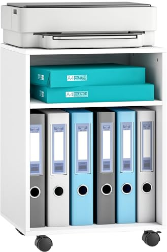 HOMCOM 2-Tier Printer Stand with Storage, Under Desk Printer Cart, White | on Wheels, 2 Shelves, Table, for Home Office