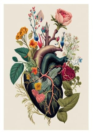 1 St Ramlös Färgglad Blomma Botanisk Hjärtaaffisch Vintage Anatomi Människoskalle Medicin Dukmålning Väggkonst Dissekera(9,40x60cm)