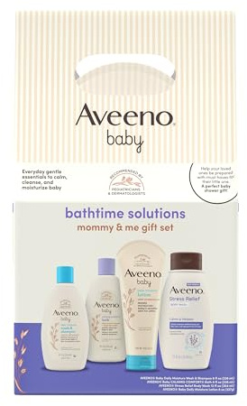 Aveeno Baby Bathtime Solutions Mommy & Me Gift Set, Baby Wash & Shampoo, Calming Bath, Daily Moisturizing Lotion and Stress Relief Body Wash for Mom, Colloidal Oat, Baby Bath Essentials, 4 items