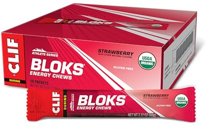 CLIF BLOKS - Strawberry Flavor - Energy Chews - Non-GMO - Plant Based - Fast Fuel for Cycling and Running - Quick Carbohydrates and Electrolytes - 2.12 oz. (18 Count)